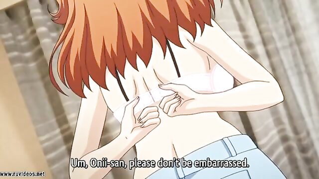 Anime stepsister with orange hair unclasps bra, teasing embarrassed onii-san