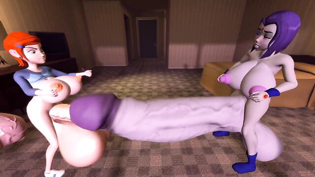 Redhead and purple futa babes with huge tits worship massive futa cock