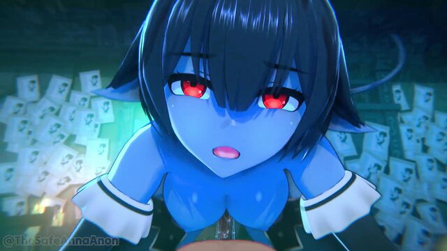 Blue-skinned anime catgirl with red eyes surrounded by cash, nude closeup