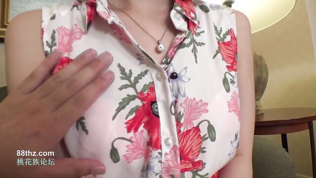 Asian JAV girl in floral dress groped by hand on big tits, amateur POV