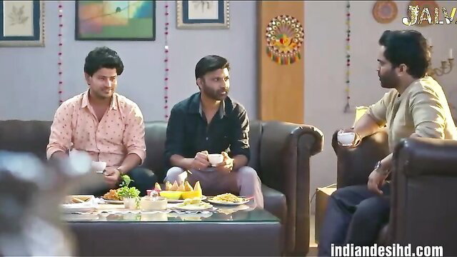 Three handsome Indian men chatting intimately in Sanshkari Bahbhi adult web series