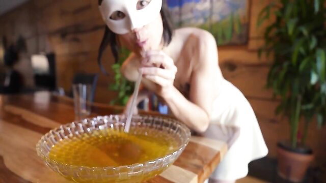 Masked Asian teen in white dress drinks piss from bowl fetish