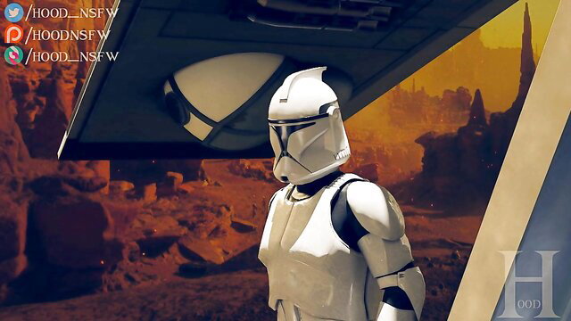 Sexy clone trooper in tight armor stands amid fiery battlefield