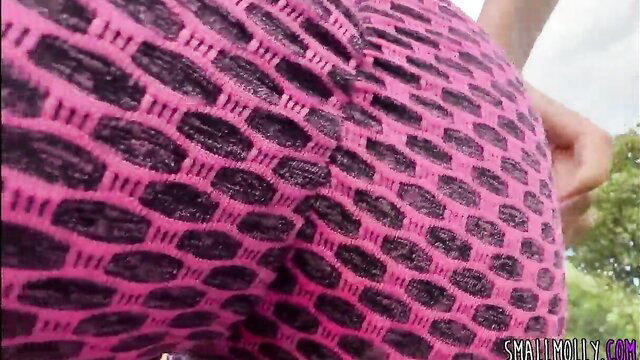 Pink mesh leggings hugging thick white girl Barbie ass outdoor tease