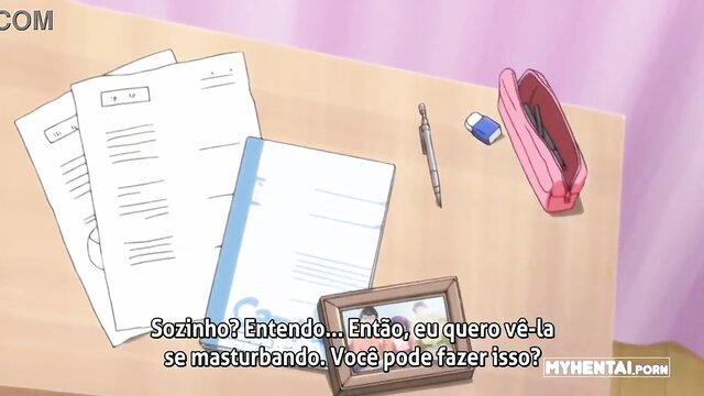 Purple hair anime hentai girl asks 'Can you masturbate?' at desk