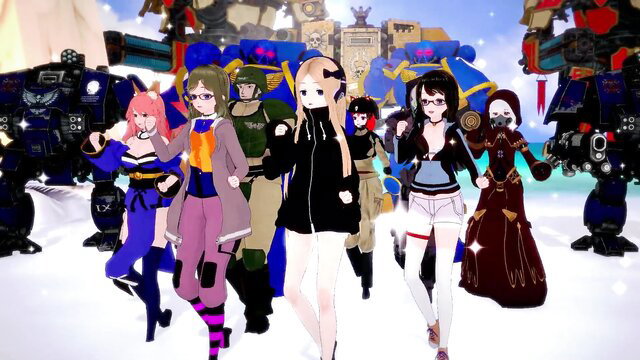 Abby and anime girls in cosplay dancing with Warhammer 40k Space Marines