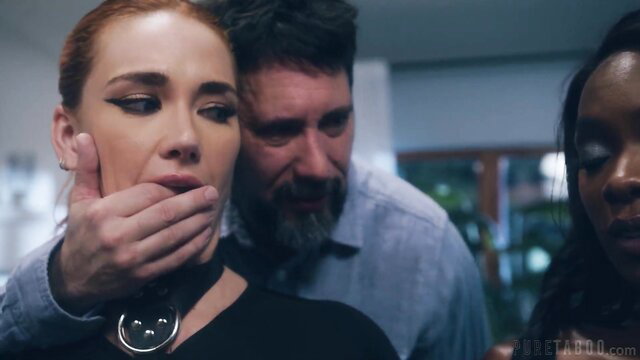 Tommy Pistol grabs redhead's mouth in hot threesome with black babe