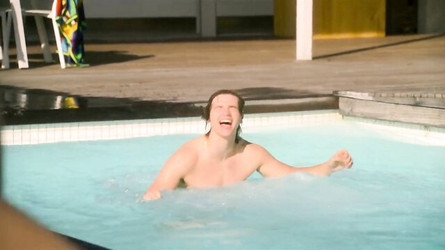 Joey King wet long hair brunette smiling topless in pool The Kissing Booth 3