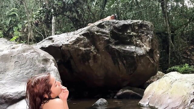 Celeste Alba nude praying by stream in Rio Pance jungle, Angel Cruz watches