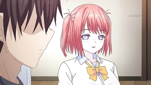 Anime JAV thumbnail: pink-haired schoolgirl in uniform with brown-haired guy