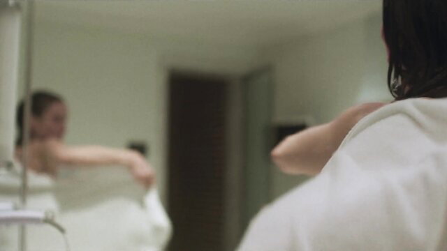 Peri Baumeister topless in white towel mirror pose Skylines s01e04