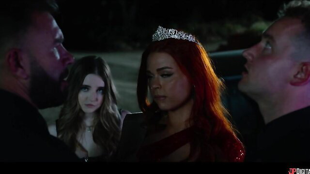 Codi Vore in red dress and tiara with studs in wild Digital Playground chase