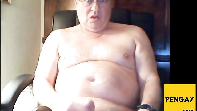 Fat grandpa nude on cam stroking cock, cum tasting solo