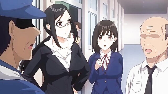 Japanese teacher and student girl confronted by men in school hallway