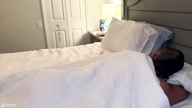 Busty interracial PAWG asleep under sheets in homemade bedroom