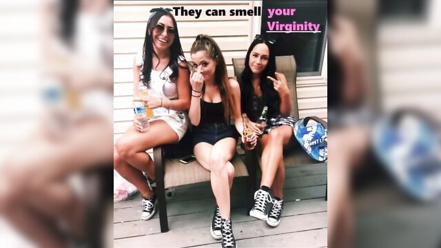 Three hot teen girls in skimpy outfits mock your virginity on porch