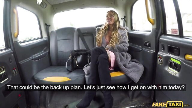 Fake Taxi blonde MILF in fur coat and boots sits in cab with big tits