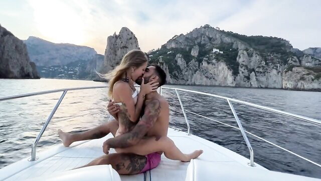 Sammm Next Door kisses tattooed captain on boat to Capri, hot date night fuck