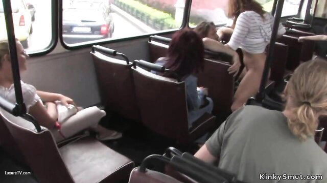 Tied wrists brunette fucked hard on public bus by blonde