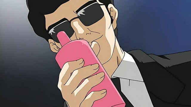 Suave anime man in shades sips pink drink, suited up close-up