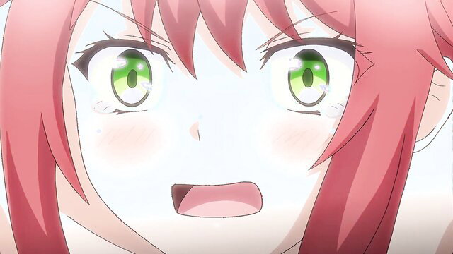Closeup of busty redhead anime girl's excited green eyes and open mouth