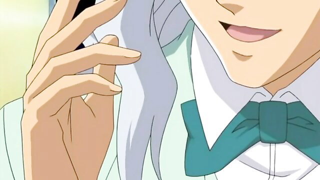 Anime boy smiling on phone, white hair, green bowtie, light suit
