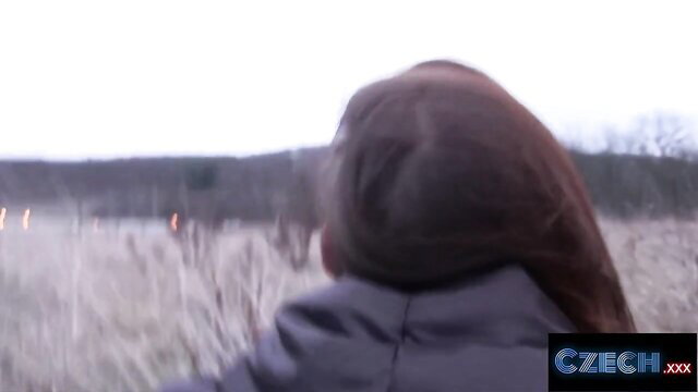 Czech brunette student bends over in field for tight pussy fuck