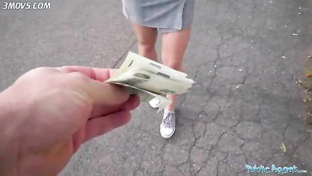 Hot girl in short skirt takes cash outdoors public agent tease