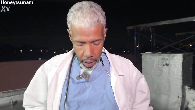 Ebony perverted MILF doctor in lab coat, intense gaze at night