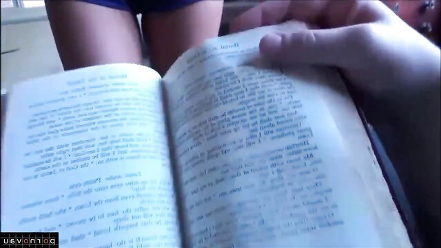 POV Asian cutie in shorts reads book, legs spread horny tease