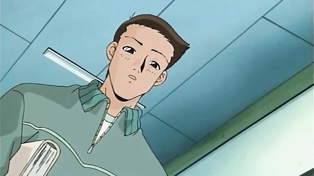 Anime guy in green jacket holding book, surprised expression, JAV thumbnail