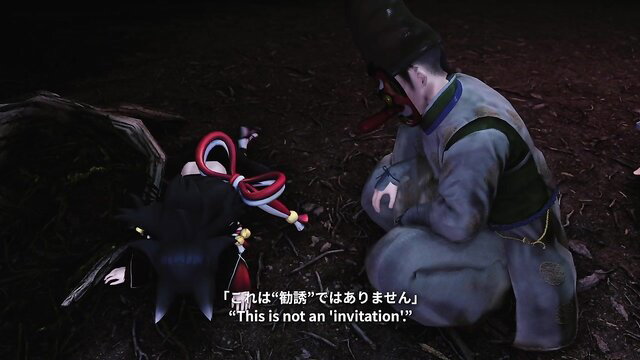 Spiritbound JAV scene: man cradles dead geisha in kimono on dark ground