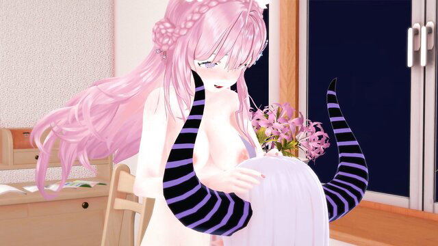Pink-haired anime girl with demon horns holding flowers nude