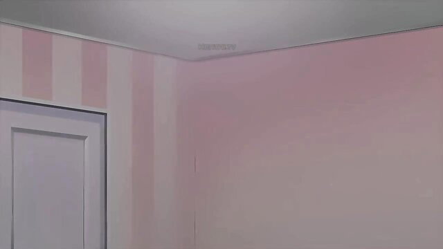 Pink bedroom corner with white door, soft lighting