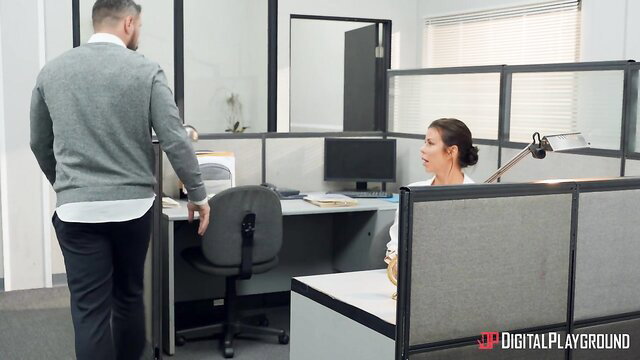 Alexis Fawx in pantyhose at office desk, rough domination tease