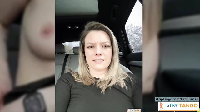 LadyLena1 blonde topless tease in car at stripTango