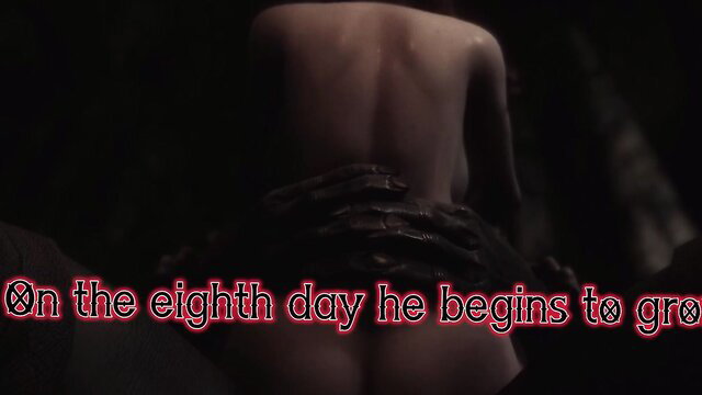 Nude woman from behind with clawed hands gripping ass on eighth day goblin birth