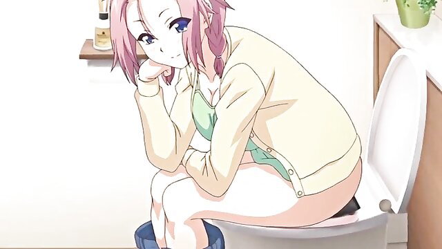 Pink-haired anime girl sitting on toilet, cardigan open exposing bra