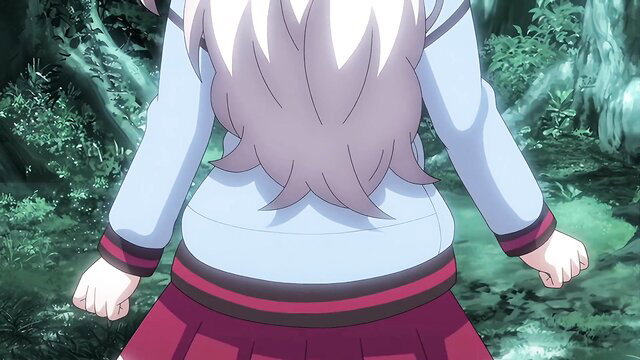 Busty white-haired hentai girl in school uniform from behind in forest