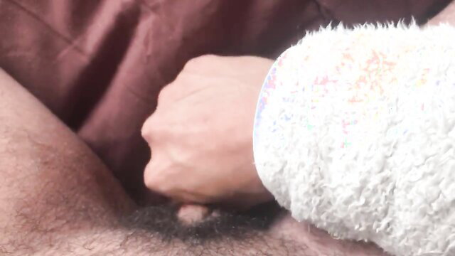 FTM handjob climax with large schlong, thick pubes, towel wrap tug