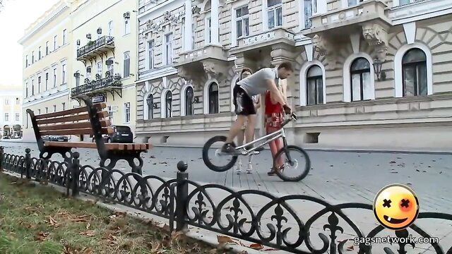Hot couple nearly nude on bike in public street thrill