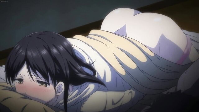 Black-haired anime girl in white shirt, plump ass up on bed, JAV hentai tease