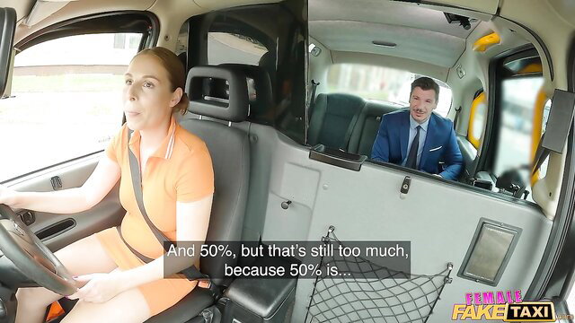 Antonia Sainz in orange dress haggles fare in Fake Taxi ride