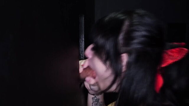 Evie Christian goth girl sucks cock at gloryhole, loads on face