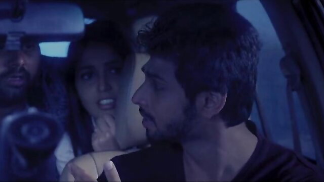 Indian car threesome with busty brunette and two men, intense oral action