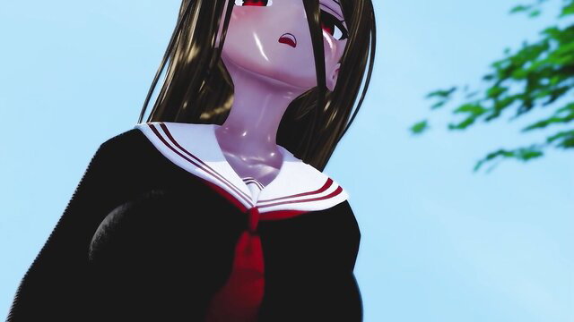 Anime futanari schoolgirl in sailor uniform with long brown hair