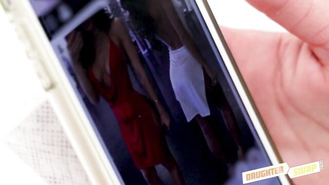 Vienna Black & Jade Jantzen in red dress white skirt daughter swap tease