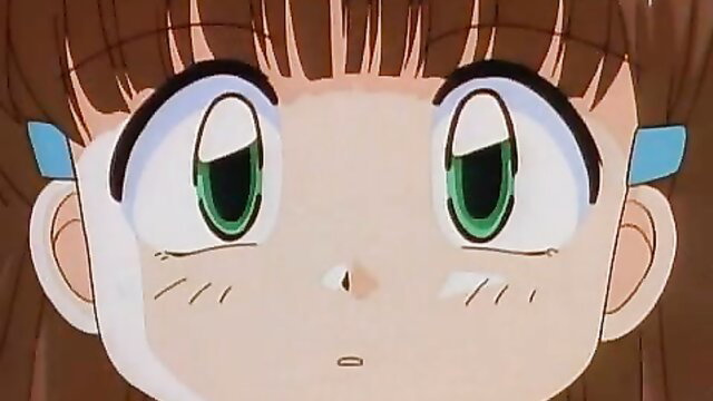 Cute anime girl with big green eyes and brown bangs, surprised expression