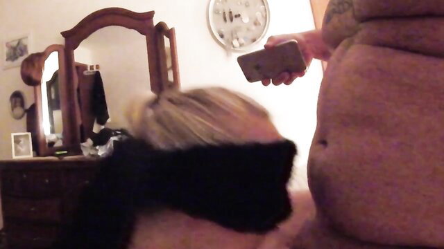 Blindfolded blonde slut wife sucks fat boss cock cheating