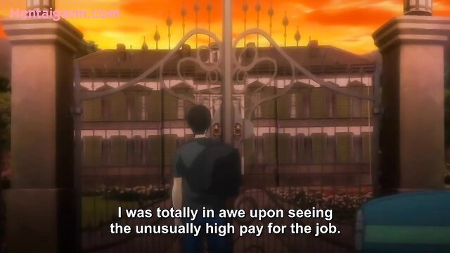 Hentai guy in awe at grand mansion gates in Sleepless Midsummer Night's Dream